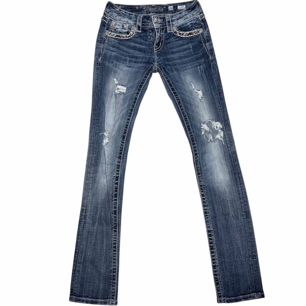 Miss Me Jeans Womens 26 Cuffed Straight Distressed Embellished Y2K Low Rise 33"